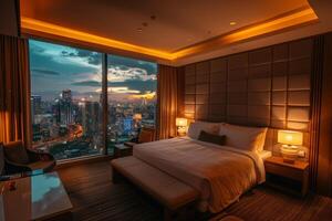 ai gegenereerd luxueus hotel kamer met een adembenemend visie van de bruisend stad onderstaand, presentatie van torenhoog wolkenkrabbers en levendig stad lichten. foto
