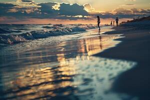 ai gegenereerd een verschillend groep van mensen vredig wandelen langs een zanderig strand De volgende naar de oceaan gedurende een sereen laat zomer zonsondergang. foto
