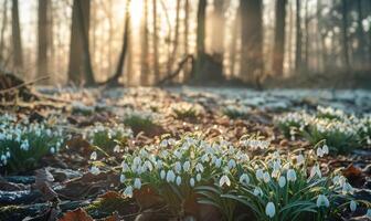 ai gegenereerd sneeuwklokjes in een Woud opruimen, voorjaar natuur achtergrond foto