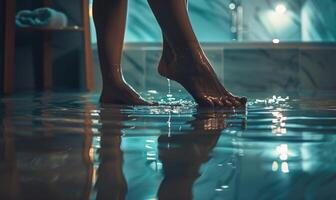 ai gegenereerd detailopname van vrouw poten staand in zwemmen zwembad met reflectie Aan water foto