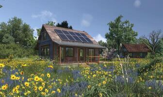 ai gegenereerd huis met zonne- panelen in de tuin. de concept van hernieuwbaar energie. foto