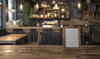 ai gegenereerd blanco houten menu bord Aan houten tafel in cafe. bespotten omhoog foto