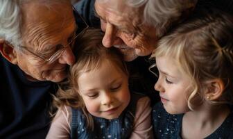 ai gegenereerd grootouders met kleindochters op zoek Bij elk ander, detailopname foto