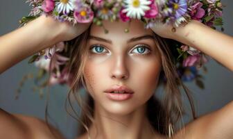 ai gegenereerd mooi jong vrouw in een krans van bloemen Aan haar hoofd foto