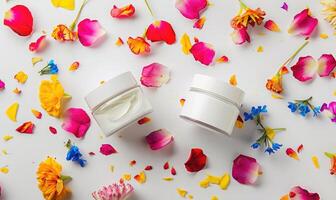ai gegenereerd twee creme pot blanco mockups versierd met kleurrijk bloem bloemblaadjes. wit achtergrond foto