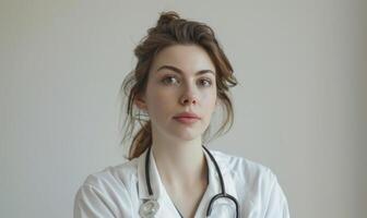 ai gegenereerd portret van jong vrouw dokter met stethoscoop Bij ziekenhuis. foto