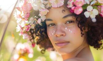 ai gegenereerd portret van een jong meisje met gekruld haar- en bloemen in haar haar. vrouw in bloem lauwerkrans. foto