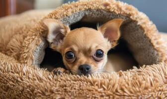 ai gegenereerd klein chihuahua puppy gluren uit van een knus hond bed foto