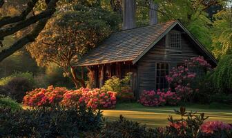 ai gegenereerd avond gloed verhelderend de facade van een elegant houten cabine genesteld tussen bloeiend azalea's en rododendrons in een voorjaar tuin foto