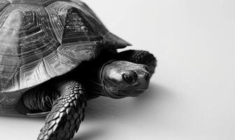 ai gegenereerd zwart en wit beeld van een schildpad Aan een wit achtergrond. foto