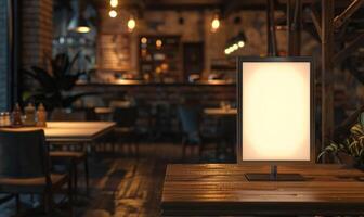 ai gegenereerd blanco foto kader Aan houten tafel in cafe. mockup voor ontwerp