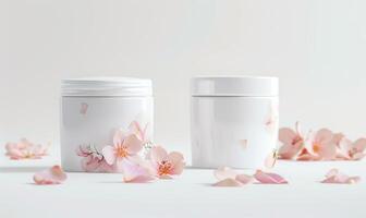 ai gegenereerd paar- van creme pot blanco mockups versierd met pastel bloem bloemblaadjes. wit achtergrond foto