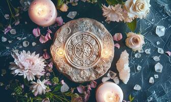 ai gegenereerd astrologisch symbolen Aan een zwart steen met kaarsen en bloemen. foto