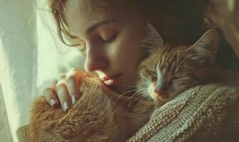 ai gegenereerd mooi jong vrouw met haar kat Bij huis Aan de vensterbank foto