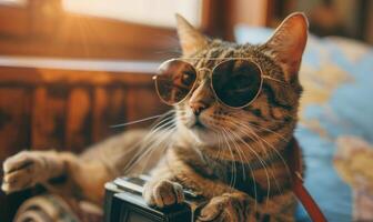 ai gegenereerd schattig gember kat vervelend zonnebril met camera en kaart Aan achtergrond. foto