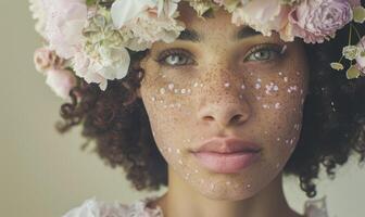 ai gegenereerd detailopname portret van een mooi jong Afrikaanse Amerikaans vrouw met krans van bloemen foto