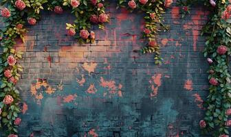 ai gegenereerd oud steen muur met roze bloemen en groen bladeren. abstract achtergrond. foto