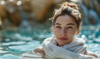 ai gegenereerd portret van jong mooi vrouw ontspannende in zwemmen zwembad Bij spa toevlucht foto