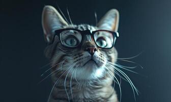ai gegenereerd portret van een schattig kat met bril Aan een donker achtergrond. foto
