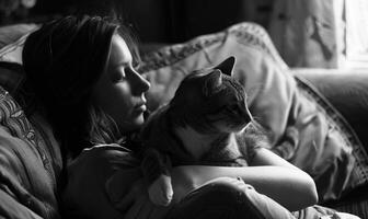 ai gegenereerd jong vrouw met kat Bij huis. zwart en wit foto. selectief focus. foto