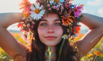 ai gegenereerd mooi jong vrouw in een krans van bloemen Aan haar hoofd foto