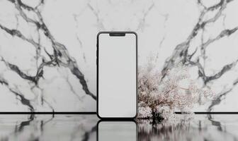 ai gegenereerd smartphone mockup met een blanco scherm Aan een strak marmeren achtergrond foto