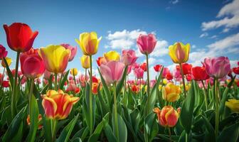 ai gegenereerd veld- van levendig tulpen, voorjaar natuur, tulp achtergrond foto