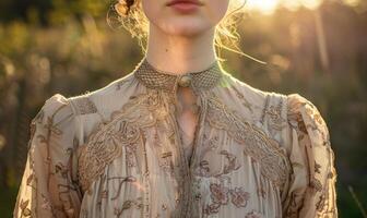 ai gegenereerd detailopname portret van een mooi jong vrouw in een veld- Bij zonsondergang foto