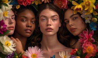 ai gegenereerd portret van mooi Dames met bedenken en bloemen in haar- op zoek Bij camera foto