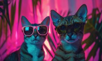 ai gegenereerd twee katten in zonnebril en palm bladeren Aan een roze achtergrond in neon licht. foto