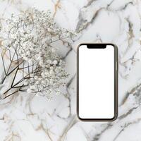 ai gegenereerd smartphone mockup met een blanco scherm Aan een strak marmeren achtergrond foto