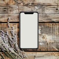 ai gegenereerd smartphone mockup met een blanco scherm Aan een rustiek houten tafel achtergrond foto