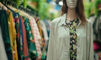 ai gegenereerd vrouwen kleding Aan hangers in de op te slaan. wazig achtergrond foto