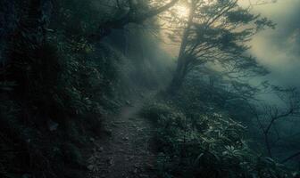 ai gegenereerd mysterieus donker Woud met bemost bomen en mist in de achtergrond foto