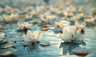 ai gegenereerd detailopname visie van wit lotus Aan water oppervlakte foto