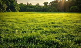 ai gegenereerd zonovergoten groen weide, voorjaar weide achtergrond foto