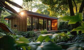 ai gegenereerd zonlicht filteren door weelderig gebladerte op de buitenkant van een modern houten cabine in een rustig voorjaar tuin foto