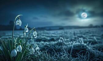 ai gegenereerd sneeuwklokjes in een weide onder de maanlicht foto