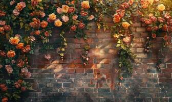 ai gegenereerd mooi rozen Aan steen muur achtergrond met kopiëren ruimte. foto