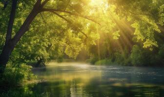 ai gegenereerd zonlicht filteren door de bomen op een sereen voorjaar rivier- foto