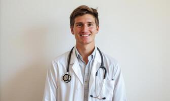 ai gegenereerd portret van jong mannetje dokter met stethoscoop Aan wit achtergrond foto