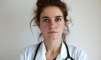 ai gegenereerd portret van jong vrouw dokter met stethoscoop Bij ziekenhuis. foto