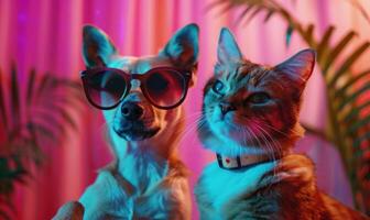 ai gegenereerd schattig kat en hond met zonnebril Aan de achtergrond van palm bladeren met neon licht foto