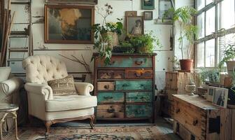 ai gegenereerd interieur van een leven kamer in een zolder stijl met antiek meubilair foto