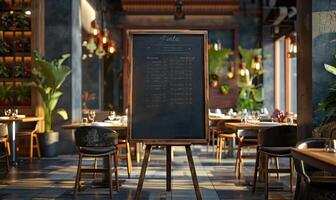 ai gegenereerd leeg houten uithangbord Aan een houten tafel in een cafe of restaurant foto