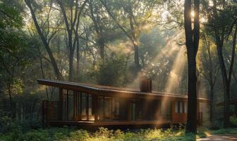 ai gegenereerd zonlicht filteren door weelderig gebladerte op de buitenkant van een modern houten cabine in een rustig voorjaar tuin foto