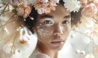 ai gegenereerd jong vrouw in een voorjaar bloemen lauwerkrans, omringd door drijvend bloemblaadjes of bloeit. foto