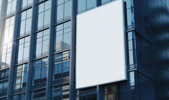 ai gegenereerd blanco scherm banier mockup weergegeven Aan de modern gebouw facade. dichtbij omhoog visie. foto