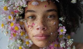 ai gegenereerd detailopname portret van een mooi jong Afrikaanse Amerikaans vrouw met krans van bloemen foto