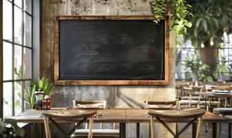 ai gegenereerd leeg houten uithangbord Aan een houten tafel in een cafe of restaurant foto